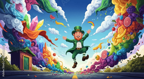 Leprechaun jumping with joyful happy expression.