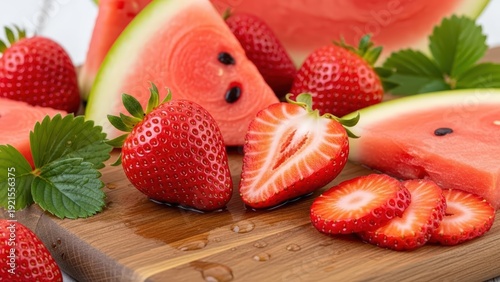 Freshly cut red strawberries and watermelon slices arranged on a rustic wooden cutting board, showcasing vibrant colors and juicy textures.