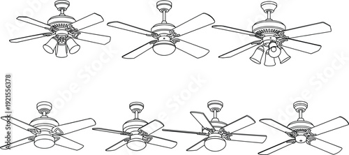 Ceiling fan outline illustration set with different blade and light fixture designs isolated on white background for home interior electrical and ventilation concepts
