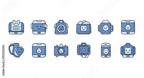 Cute Robot and Electronic Gadget Icon Set, Blue Kawaii Character Vector Illustration for Tech App and UI Design