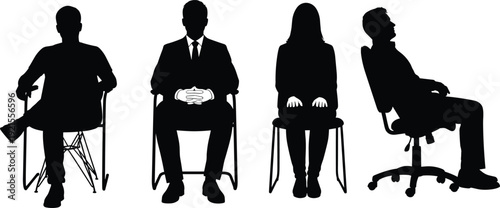 Set of black silhouettes featuring business people and professionals sitting in various office chairs and armchairs for corporate workspace and meeting concepts isolated on white