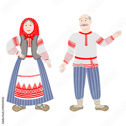 Russian old man and old woman living in the village. old people isolated on white background, old woman and old man. Senior man and woman.  Happy Elderly couple. Russia grandmothers, Grandfather. 