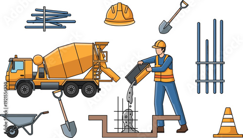 Construction site and concrete pouring set, flat vector illustrations with cement mixer truck, worker pouring concrete, shovel, wheelbarrow and safety equipment isolated on white background.