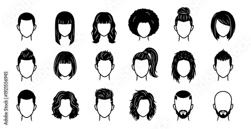 Diverse Men and Women Hairstyles Black Silhouette Icons Set Front View