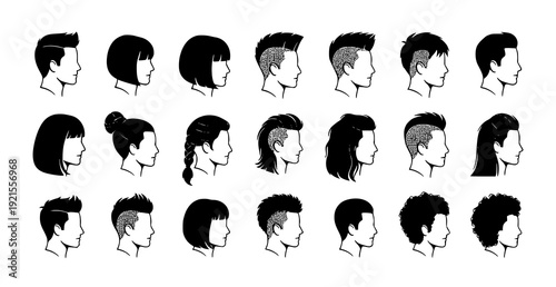 Minimal Side Profile Hairstyle Silhouette Icons Black Haircut Collection