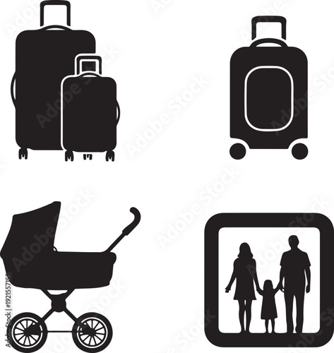 Four black depicting travel and family luggage suitcase