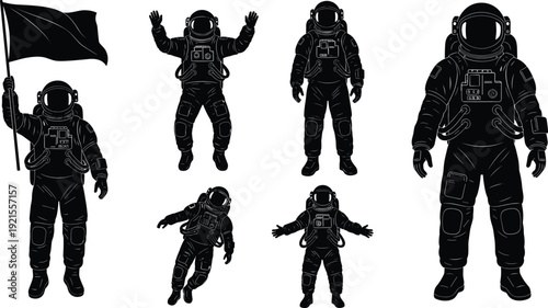 Astronaut silhouette illustration set showing space explorers in different poses, spacesuit figures, black vector icons for science, astronomy, space mission design