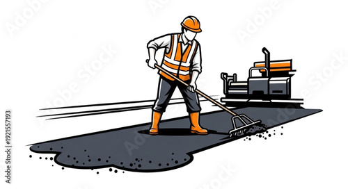 Worker Spreading Asphalt with Machine.