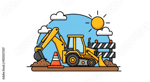 Yellow Backhoe Loader Construction Site.