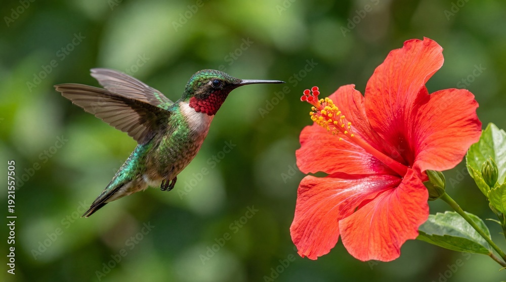 Fototapeta premium Colibri en vol près d’une fleur d’hibiscus rouge tropicale