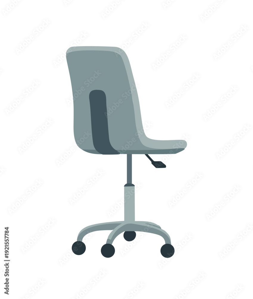 Fototapeta premium Flat vector illustration of a modern grey office chair, three-quarter side view, featuring a five-star base with casters, height adjustment lever, on transparent background
