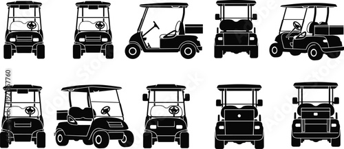 Black and white golf cart silhouette illustrations set, front side and angled views, vector collection of recreational vehicle icons for transport design concepts
