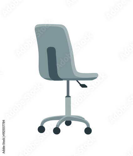 Flat vector illustration of a modern grey office chair, three-quarter side view, featuring a five-star base with casters, height adjustment lever, on transparent background