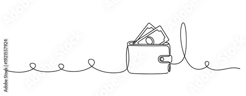 One-line drawing of wallet with cash and coins on white background. No editable stroke