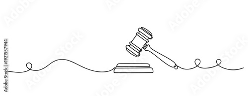 Continuous line art of a judge's gavel on a block with a curved cord. No editable stroke