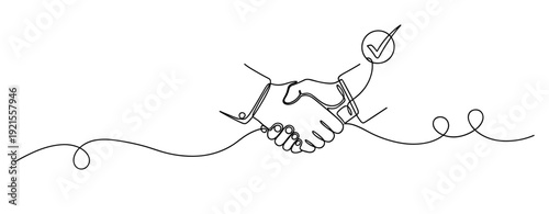 Continuous line drawing of handshake with checkmark symbolizing agreement. No editable stroke