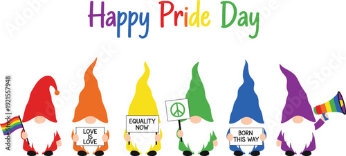 Happy Pride Day Gnome Characters Vector Illustration with Rainbow Hats, Equality Signs, Peace Symbol and LGBTQ Celebration Message for Inclusive Design Projects