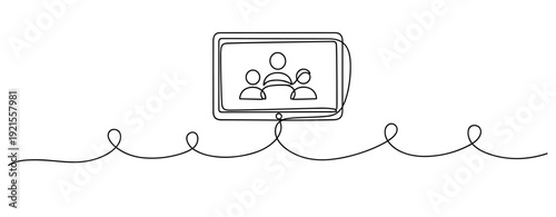 Continuous line art of virtual meeting on tablet with three figures. No editable stroke