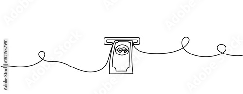 Continuous line drawing of atm dispensing cash with dollar symbol. No editable stroke