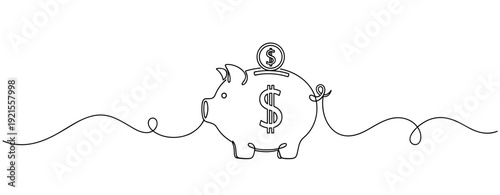 Continuous line art of piggy bank with coin symbolizing savings and financial growth. No editable stroke