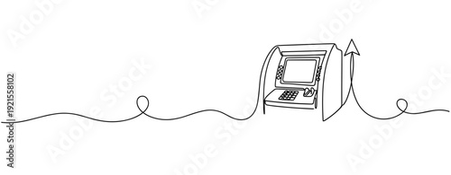 Minimalist line drawing of atm machine with wired connection. No editable stroke