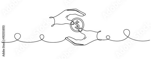 Minimalist continuous line drawing of hands exchanging coin symbolizing finance and transaction. No editable stroke