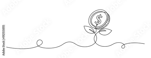 Coin plant sketch: simple line drawing of a dollar sign coin growing as a plant. No editable stroke