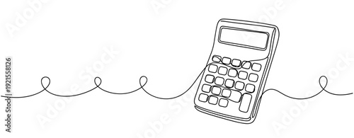 Continuous line art of calculator with swirling cord. No editable stroke