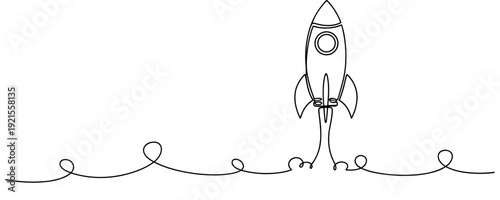 Minimalist continuous line drawing of a rocket launching. No editable stroke