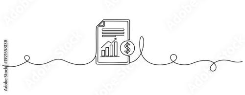 Line art illustration of financial growth with graph and dollar sign on document. No editable stroke