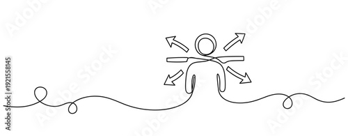 Abstract line drawing of person with multiple directions and choices symbolized by arrows. No editable stroke