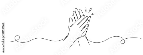 Minimalist line drawing of two hands clapping in celebration. No editable stroke