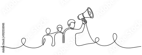 Continuous line drawing of people with megaphone symbolizing leadership and communication. No editable stroke
