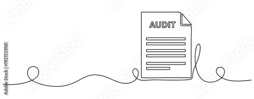 Continuous line art depicting an audit document with minimalist design. No editable stroke