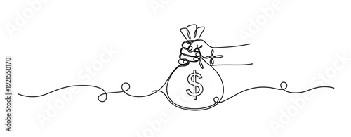 Minimalist illustration of hand holding money bag with dollar sign. No editable stroke