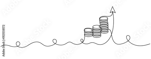 Continuous line art of coin stacks and rising arrow symbolizing financial growth. No editable stroke