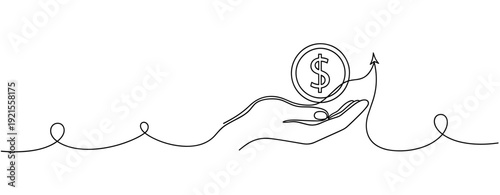 Continuous line drawing of hand holding dollar coin with growth arrow symbol. No editable stroke
