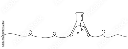Continuous line drawing of a laboratory beaker with liquid and bubbles. No editable stroke