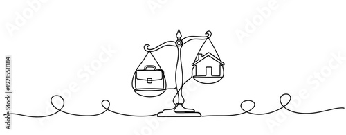 Work-life balance symbolized by briefcase and house on scales. No editable stroke