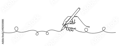 Continuous line drawing of hand writing with pen on white background. No editable stroke