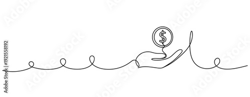 Continuous line drawing of hand holding coin with dollar symbol. No editable stroke
