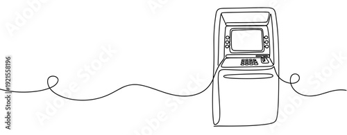Minimalist continuous line drawing of an atm with cable. No editable stroke