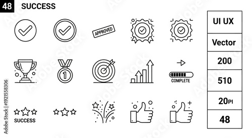 Success line icon set isolated on white background. ui ux vector illustration with complete and approved concept
