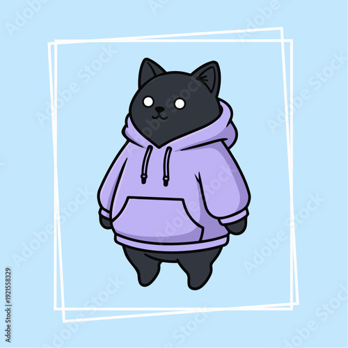 Cute chubby black cat wearing a purple hoodie on a pastel cosmic background