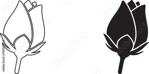 Two black and white lotus flower illustrations with leaves and stems side by side on white background