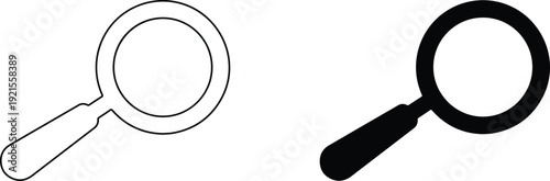 Two magnifying glasses one line art and one solid fill on white background for search and investigation concepts