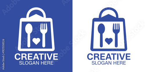 Food delivery shopping bag logo with spoon fork and heart logo design