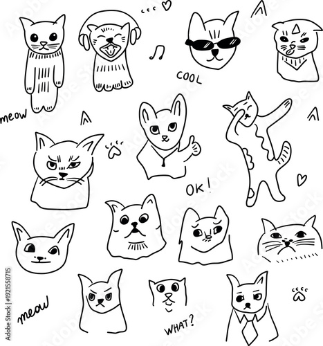 Set of cute hand drawn cat doodles, funny feline characters collection with various emotions and poses