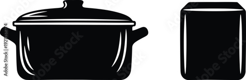 Cooking pot and rectangular can icon set kitchen food storage symbols. Vector illustration
