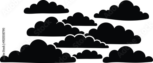 Black cloud shapes in various sizes for weather or graphic design elements. Vector illustration